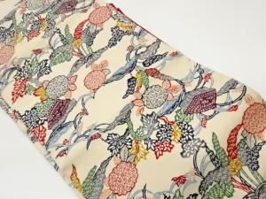 塩瀬型染古民家に草花・竹模様名古屋帯